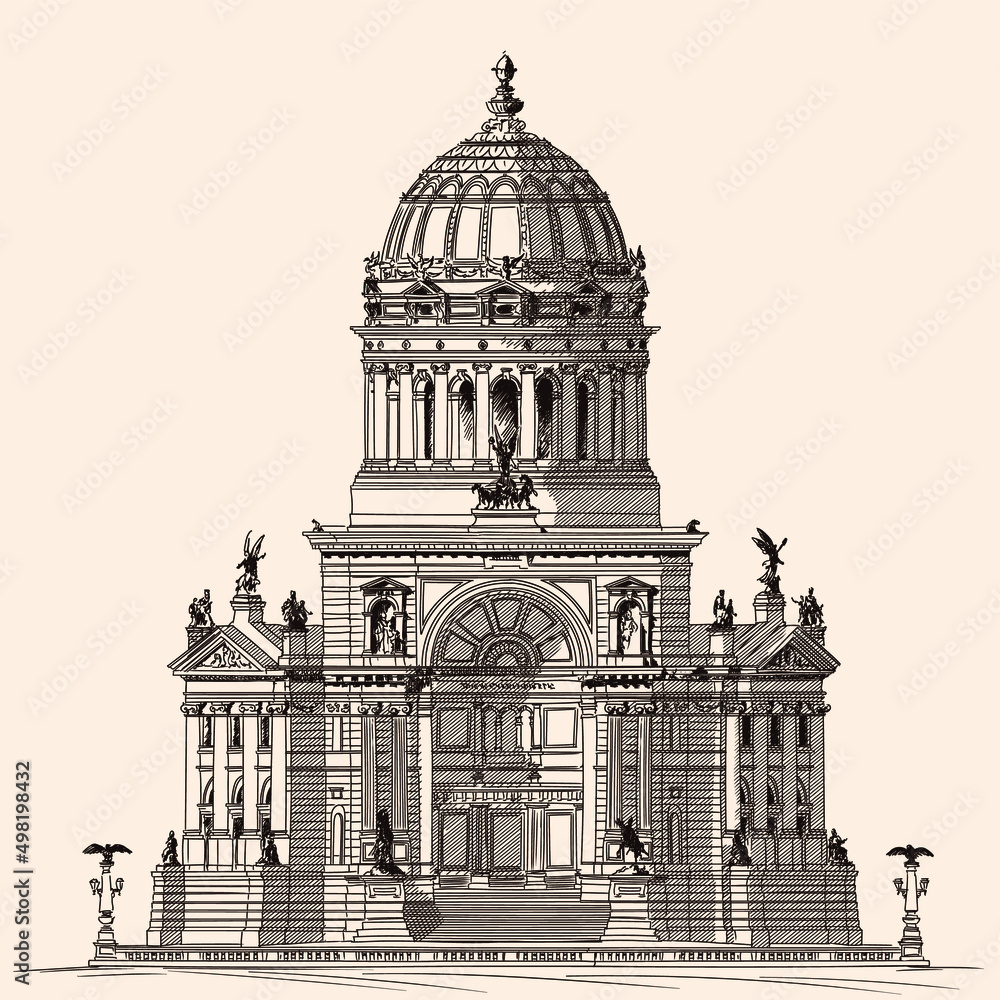 Cathedral building in the classical style with arches, statues and dome. Sketch on a beige background.