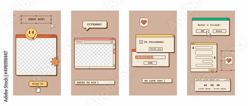 Set of stories templates in vaporwave style. Nostalgic design of social media posts. Retro 80s 90s aesthetic backdrops, groovy backgrounds with old computer user interface. Vector illustration.
