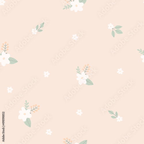 Seamless pattern with childish flowers and twigs on beige background. Cute vector illustration in pastel colors, for design, fabric and textiles.
