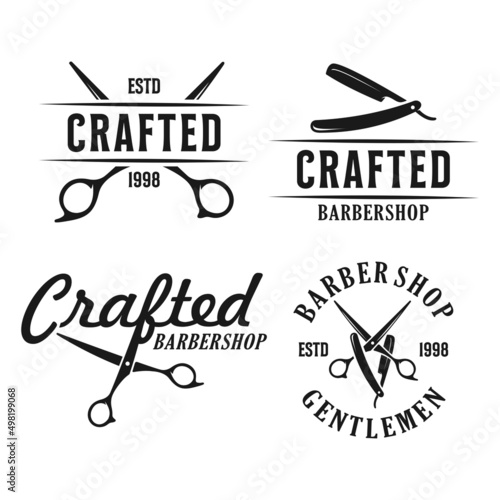 Set barbershop logo vintage classic style, salon fashion haircut pomade badge icon simple minimalist modern, barber pole razor shave scissor razor blade retro symbol vector. luxury elegant design
