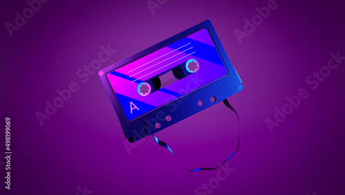 3d audio cassette with tape. Vintage audio cassette with retro music from the 80s and 90s on a neon colored background. Music, entertainment concept.