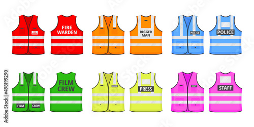 Safety reflective vest with label flat style design vector illustration set. Various color fluorescent security safety work jacket with reflective stripes. Front and back view uniform vest.