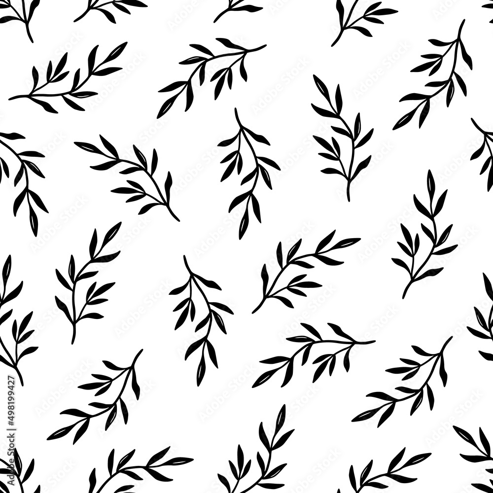 Naklejka premium Black and white leaf seamless pattern. Doodle simple froral style. Leaf background vector illustration