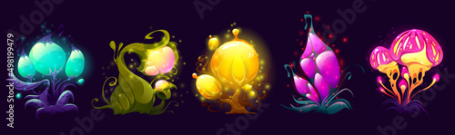 Fantasy flowers, trees, and mushrooms, alien or fantastic world plants. Bizarre blossoms with sparkles, odd outgrowths, glow petals and leaves. Unusual mystic fungi, Cartoon vector illustration, set