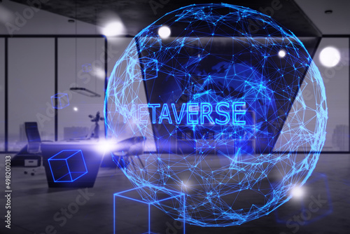 Creative glowing polygonal blue globe metaverse on blurry office workplace background. Augmented reality and future concept. Double exposure.