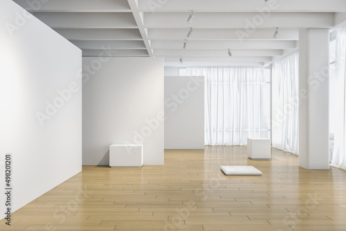 Modern empty spacious light presentation hall with white details  curtain  walls with space for your logo  ceiling and chaotically placed stages on wooden floor. 3D rendering  mockup