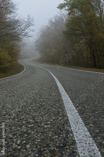 A solid white line on a country road winds through a foggy forest. Asphalt road and autumn forest on a foggy morning. Mysterious landscape.