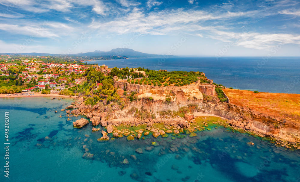 Aerial view of east coast of Ionina sea. Amazing view from flying drone of Koroni town, Messenia, Peloponnese, Greece, Europe. Traveling concept background.