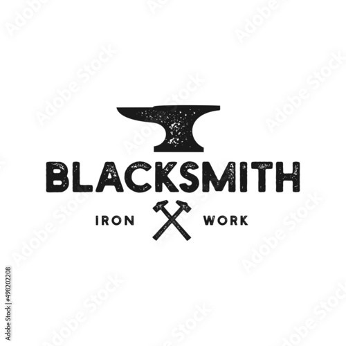 Blacksmith anvil badge vintage logo. Iron works, metal works retro hipster logo