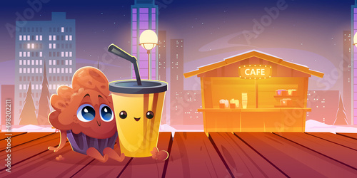 Happy cupcake and plastic cup friends cartoon characters at night street background with cafe stall. Cute muffin and coffee or tea drink with straw sit on wooden table or terrace Vector illustration