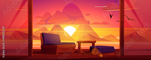 Terrace with mountain lake view at sunset. Scenery landscape view from villa or hotel patio with sofa, ottoman and table stand on wooden platform with nature background, Cartoon vector illustration