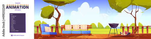 Outdoor home terrace 2d layers ready for game animation. Wooden patio with bbq, logs, sofa and armchair, green trees and lawn view. Area for relaxation parallax background, Cartoon vector illustration