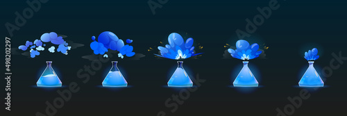 Stages of chemical reaction in lab flask, backwards animation sprite sheet. Scientific laboratory experiment with blue fluid explosion, reagent in beaker and smoke clouds, Cartoon vector illustration