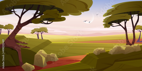 Savannah with acacia trees and green grass in early morning. Vector cartoon illustration of safari trip, vacation travel. African savanna landscape with moon in sky