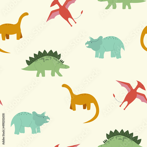 Fototapeta Naklejka Na Ścianę i Meble -  Baby seamless pattern with dinosaurs. Funny flat animals. Colorful childish print with Dino. Creative vector background in Scandinavian style. Cute cartoon dinosaurs