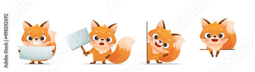 Set of baby foxes in different poses stand with empty signs and look out from behind the wall. Drawn in cartoon style. Vector illustration for designs, prints, patterns. Isolated on white background