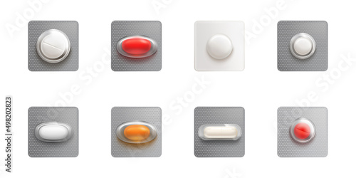Single blisters with capsules and pills isolated on white background. Vector realistic mockup of 3d medical drugs package, white, red and orange tablets and capsules in plastic and foil pack