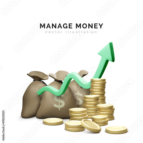3D coin stack and money bag with green arrow. Coin stack growing business concept. Investment and money earning growth concept