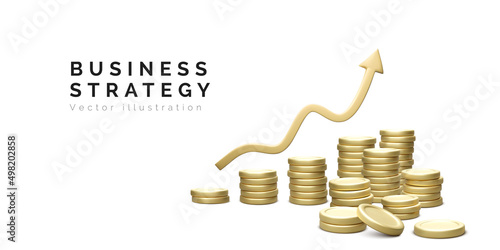 3D money coin and gold arrow up isolated on white background. Coin stack growing business concept. Investment and money earning growth concept