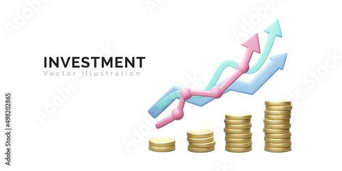 3D money coin stack and gold arrows up isolated on white background. coin stack growing business concept. Investment and money earning growth concept