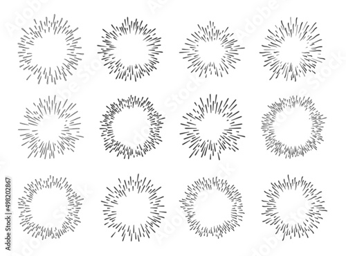 Hand drawn starburst doodle explosion vector illustration set isolated on white background. Retro vintage design sun rays or fireworks radial elements of shine hipster arts.