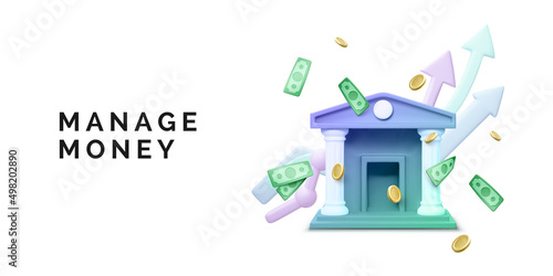 Bank building and falling coins and paper currency with arrows on background. 3d realistic bank icon. Money transaction or savings concept