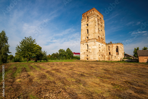Picturesque ruins of Dominican Monastery with defensive tower in Starokostiantyniv, Khmelnytskyi region, Ukraine
