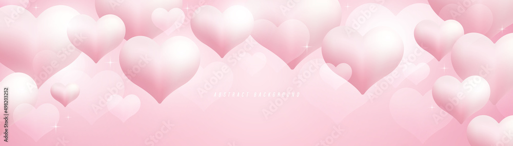 Abstract realistic pastel pink hearts shape background. Bright pink horizontal banner. Romantic cute balloons heart shape design elements. Minimal style graphic pattern. Vector Illustration