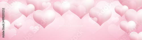 Abstract realistic pastel pink hearts shape background. Bright pink horizontal banner. Romantic cute balloons heart shape design elements. Minimal style graphic pattern. Vector Illustration