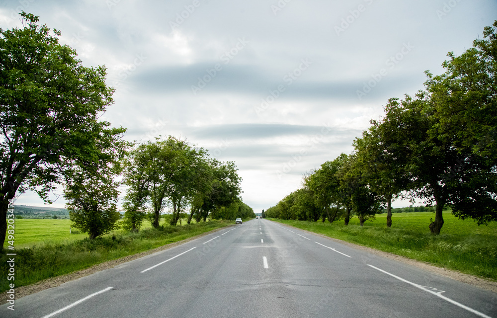 Empty asphalt road through a green field and clouds on a blue sky on a summer day.