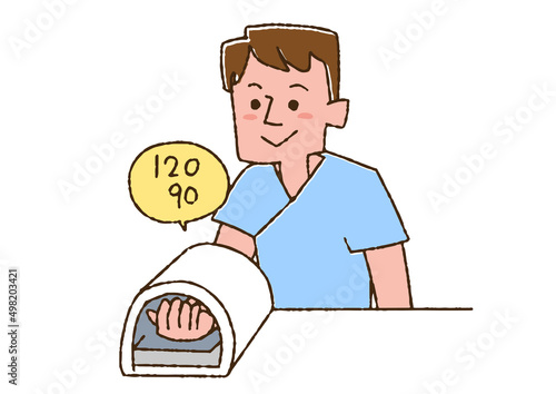 血圧を測定している男性 コミカルな手書きの人物 ベクター、線画にカラー