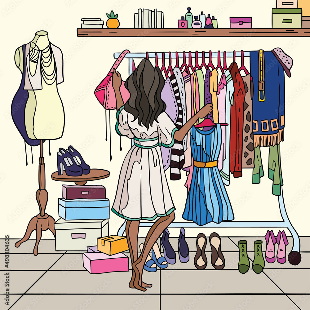 A Girl Choosing Dress Illustration