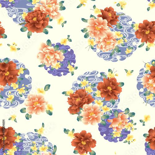 Seamless pattern of Japanese style peony and clouds,