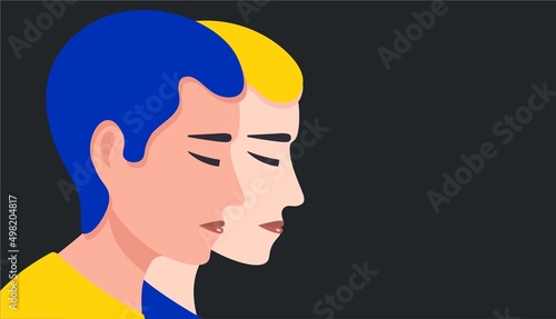 Ukrainian men in profile close-up. Sad guys on a dark background. Vector male Ukrainian characters. For peace and freedom. Yellow and blue. Cartoon isolated illustration in flat design.