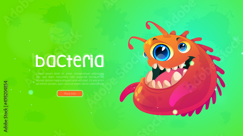 Funny bacteria or germ cartoon web banner. Spooky virus cell character with toothy face, many eyes, red body and antennas. Pathogen microbe, mold, monster, allergy or alien mutant, Vector illustration