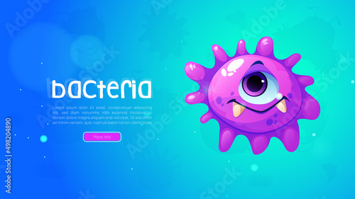 Bacteria cartoon web banner with funny corona virus disease character, one-eyed coronavirus with funny toothy face or germ cell pathogen microbe monster with big eye and pimples, Vector illustration