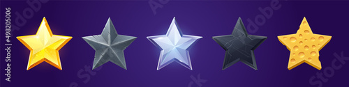 Star shape buttons with gold, silver, stone, marble and cheese textures for ui design. Vector cartoon set of shiny icons, symbols of achievement in computer game or mobile app