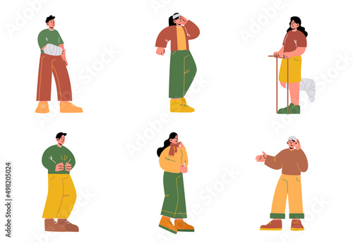 Set sick people suffer of ache in different body parts stomach, head, arm or leg injury, flu. Characters feel strong pain, health problem, disease symptoms and sickness. Line art vector illustration