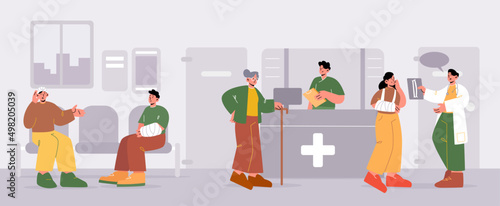 People in clinic hall, characters waiting in queue for medical appointment, senior lady at hospital reception talk with medical staff. Doctor chat with injured patient, Line art vector illustration