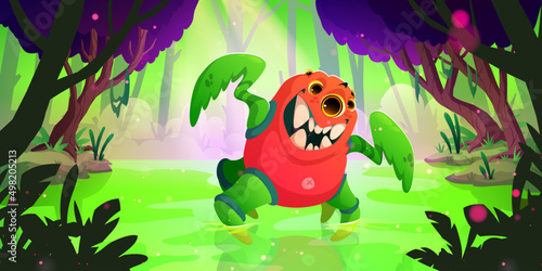 Funny monster with claws and many eyes in forest. Vector cartoon fantasy illustration of magic woods landscape with swamp and cute alien animal, fantastic creature