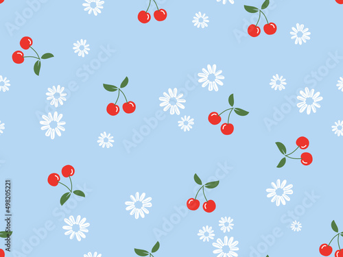 Seamless pattern with cherry fruit and cute flower on blue background vector.