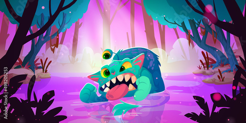 Fantasy monster in swamp in magic forest. Vector cartoon illustration of jungle landscape with lake and funny fantastic creature, angry alien animal with fur, teeth and three eyes