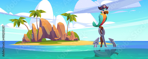 Pirate parrot in hat on anchor on sea beach. Vector cartoon illustration of uninhabited tropical island landscape with palm trees, rocks, and corsair bird in black hat with skull