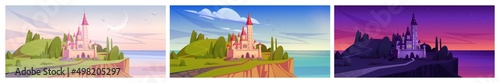Magic castle on mountain sea cliff at dusk, morning and day time summer season. Fairytale pink princess palace at ocean seascape view under cloudy sky. Fantasy architecture Cartoon vector illustration