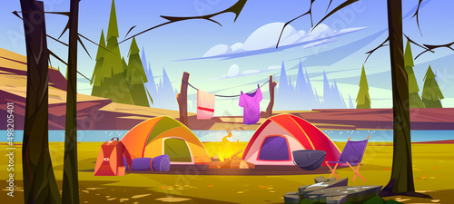 Camping tents with campfire and tourist stuff in forest at river coast. Traveler halt with, chair drying clothes on nature landscape scenery view, summer hiking, travel, Cartoon vector illustration