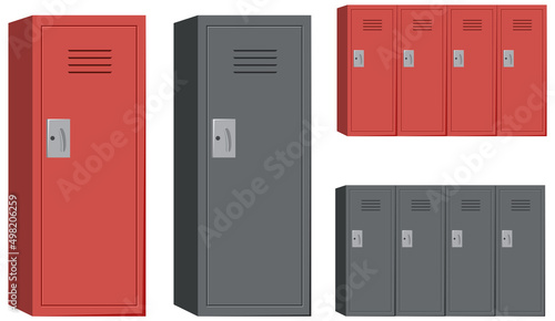 Red and black locker cabinets on white background