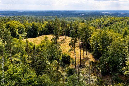 Panorama of summer forest hills and lake valleys of Kashubian landscape park seen from Wiezyca hill observation tower near Szymbark town in Pomerania region of Poland photo