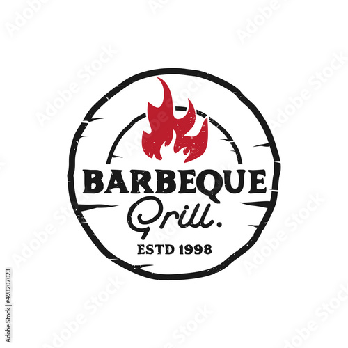 Vintage Retro Rustic BBQ Grill, Barbekyu, Barbeque Label Cap Logo desain vektor