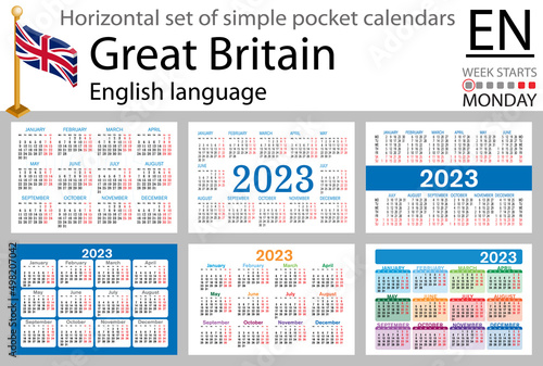 English horizontal pocket calendar for 2023. Week starts Monday