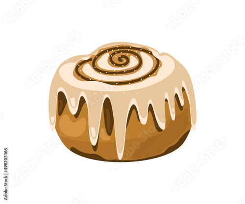 Cinnabon bun is an appetizing curl with icing sugar. Vector illustration of fresh pastries.
